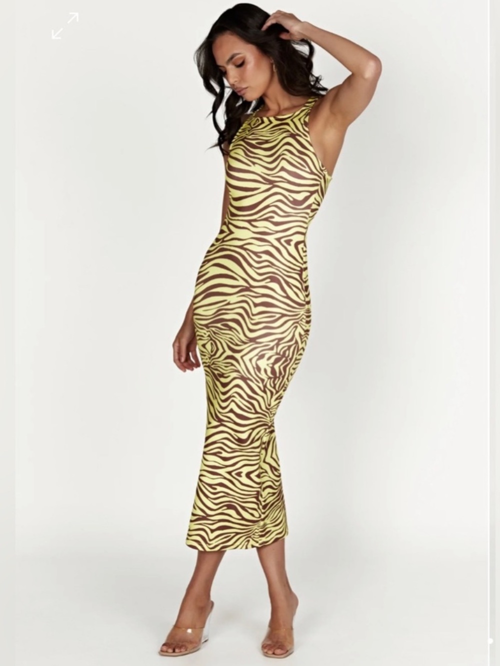 MESHKI Lima Zebra Print Bodycon Racerback Midi Dress Yellow Brown Size Small